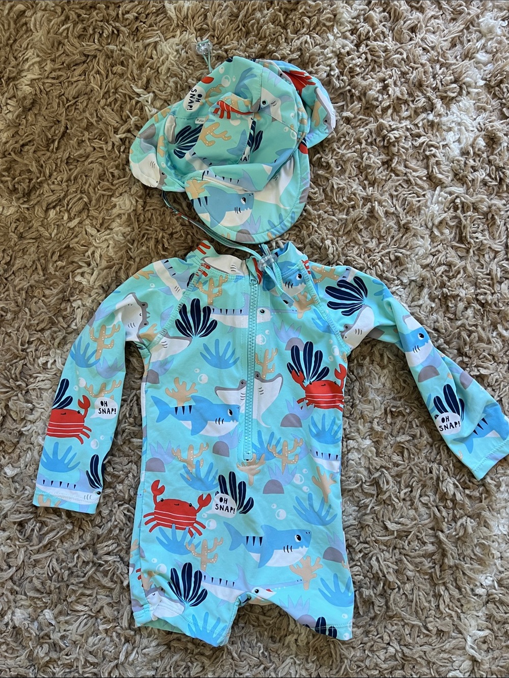 Mint Ocean Print Kids Rashguard Swimsuit with Sun Hat
